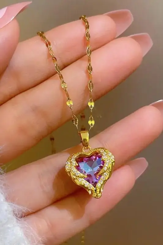 Gold Renk Okyanusun Kalbi Pembe Taşlı Kadın Çelik Kolye eck48