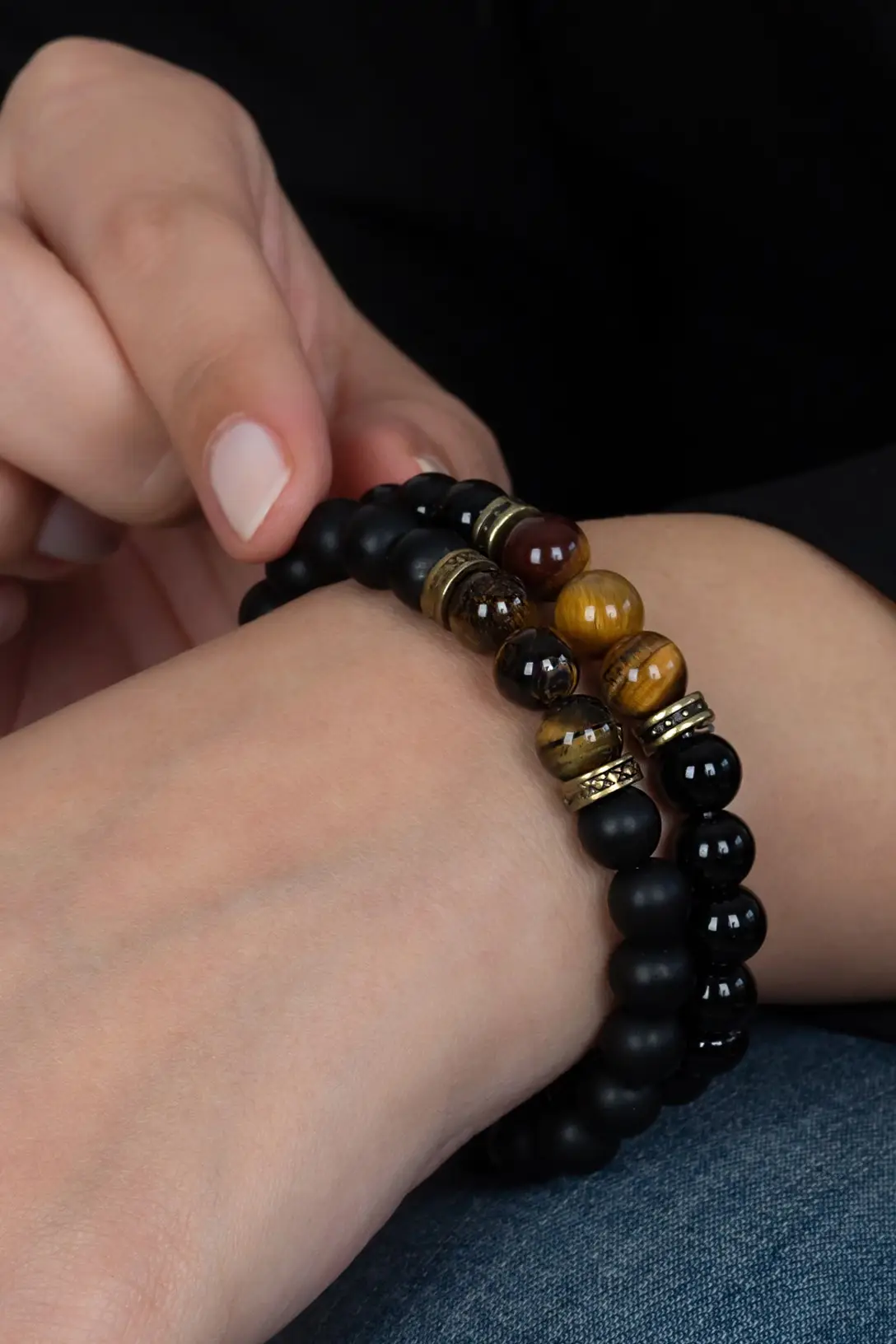 2 Adet Parlak Mat Oniks Kaplangözü Taşlı Unisex Bileklik Çifti okbpm