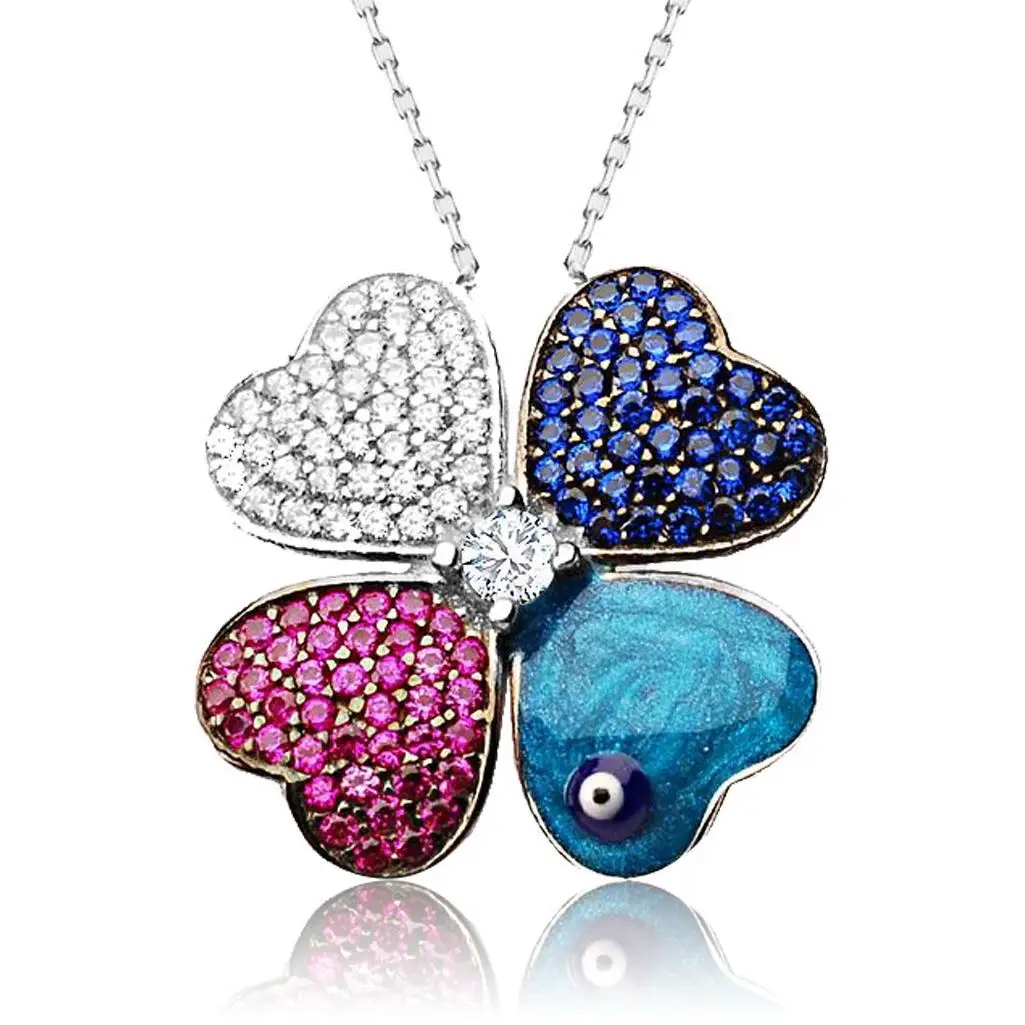 Gümüş Kalpli Yonca Kolye Şans Kolyesi Sevgiliye Hediye wsn51