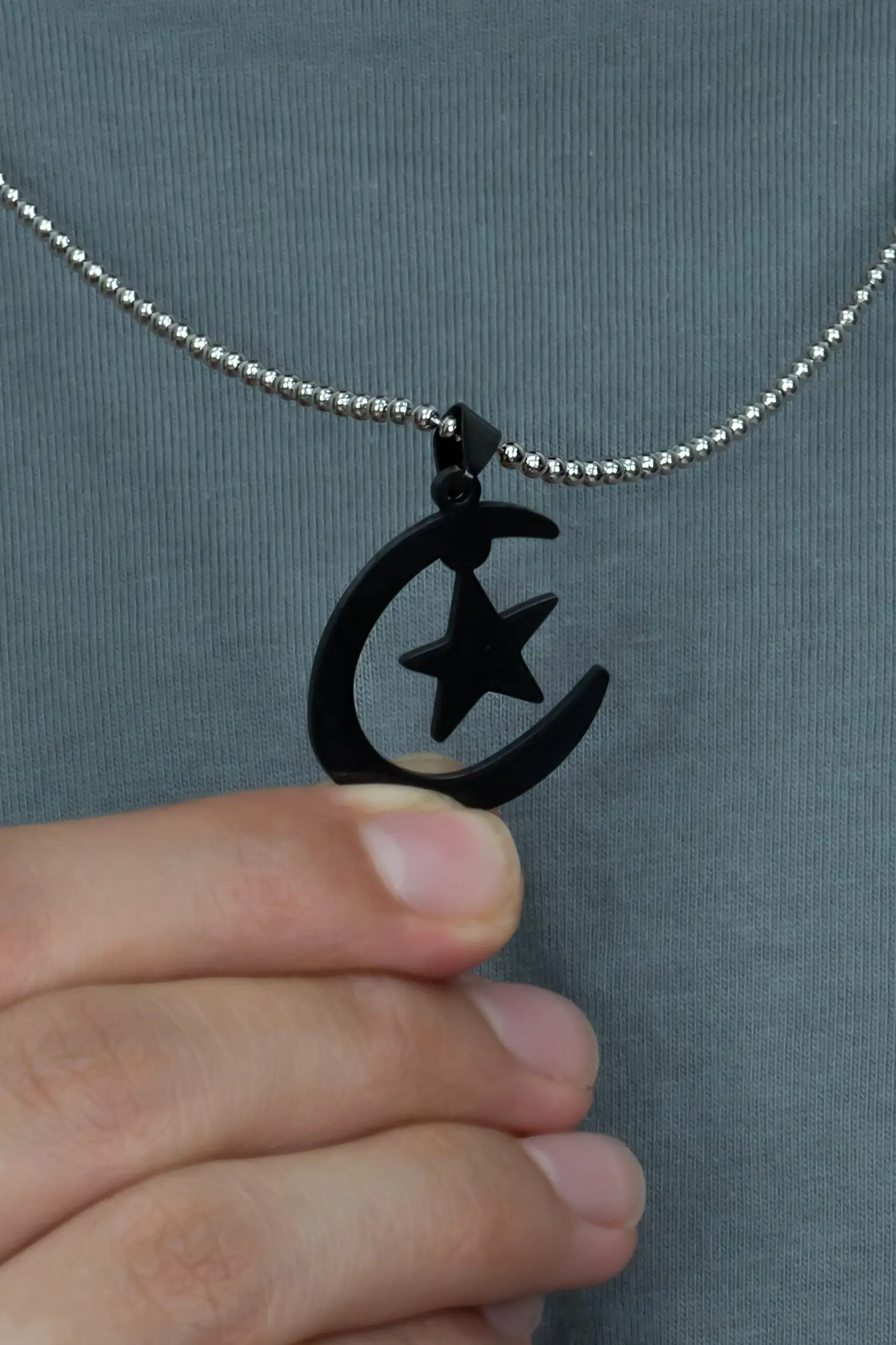 Ay Yıldız Erkek Çelik Kolye cck13 - Siyah