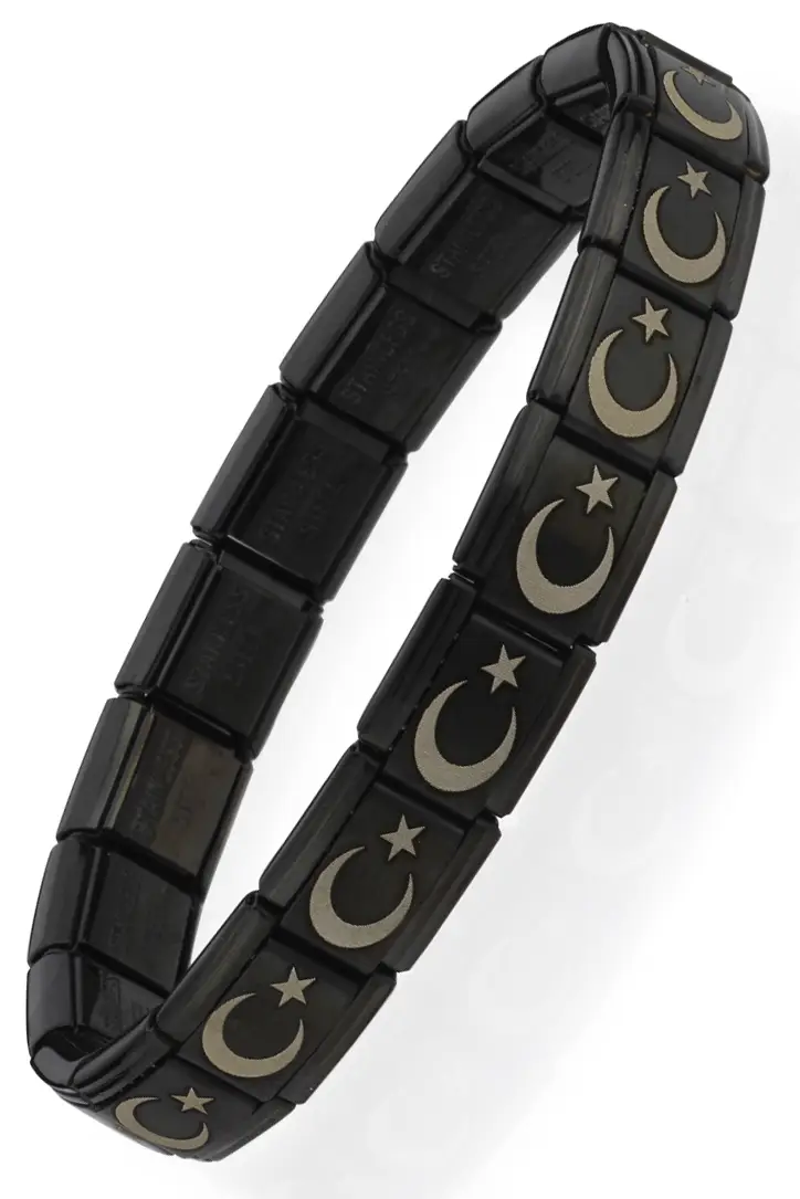 Ay Yıldız Türk Bayrağı İtalyan Charm Unisex Çelik Bileklik scb55 - Siyah