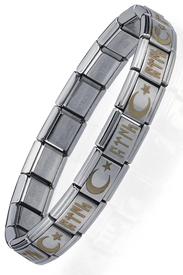 Ay Yıldızlı Göktürkçe Türk İtalyan Charm Unisex Çelik Bileklik scb60