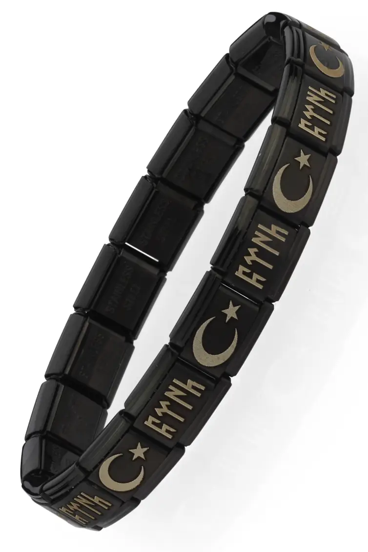 Ay Yıldızlı Göktürkçe Türk İtalyan Charm Unisex Çelik Bileklik scb60 - Siyah