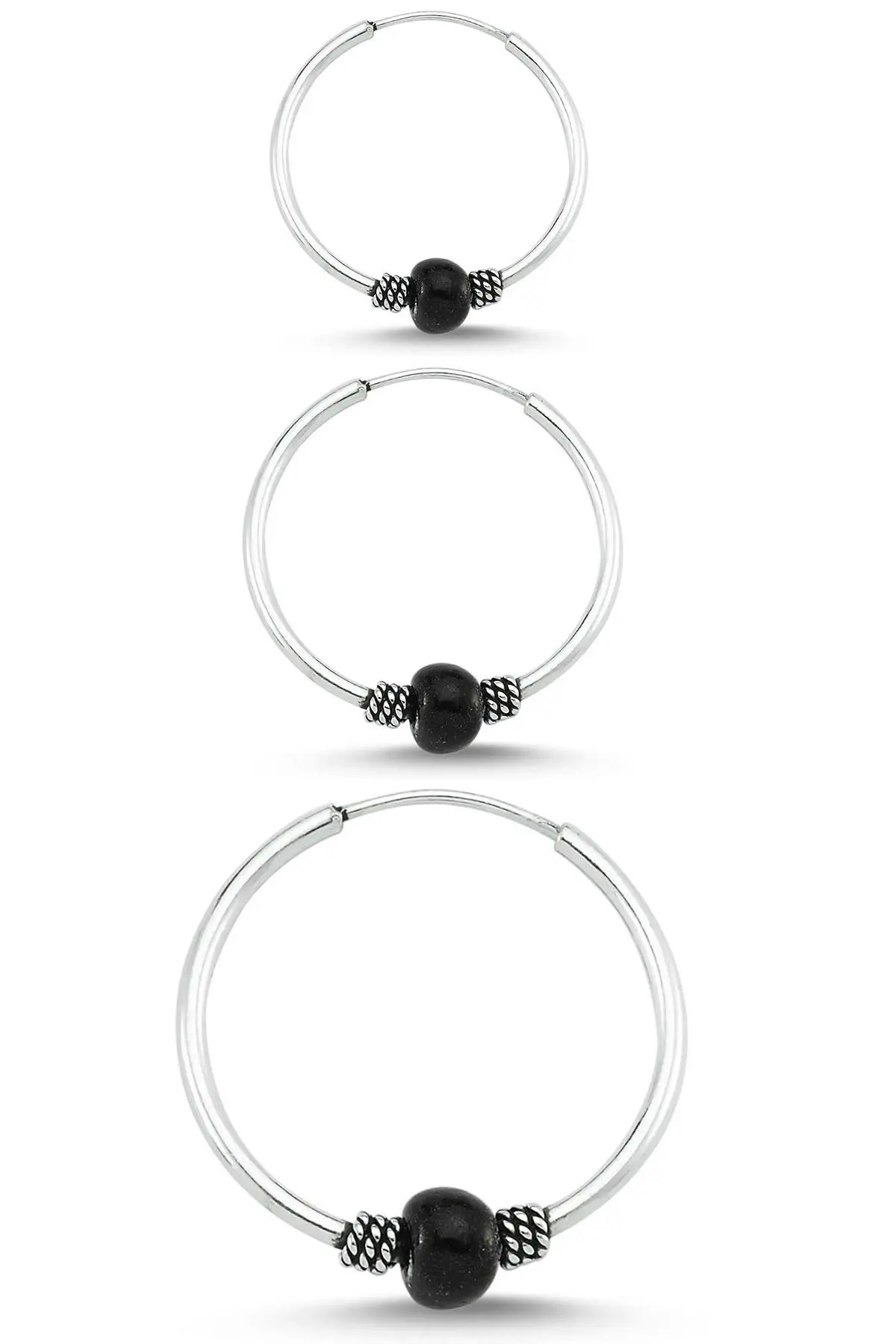 Boncuklu Gümüş Halka Küpe Kombin 10mm + 12mm + 16mm wsk09t - Siyah
