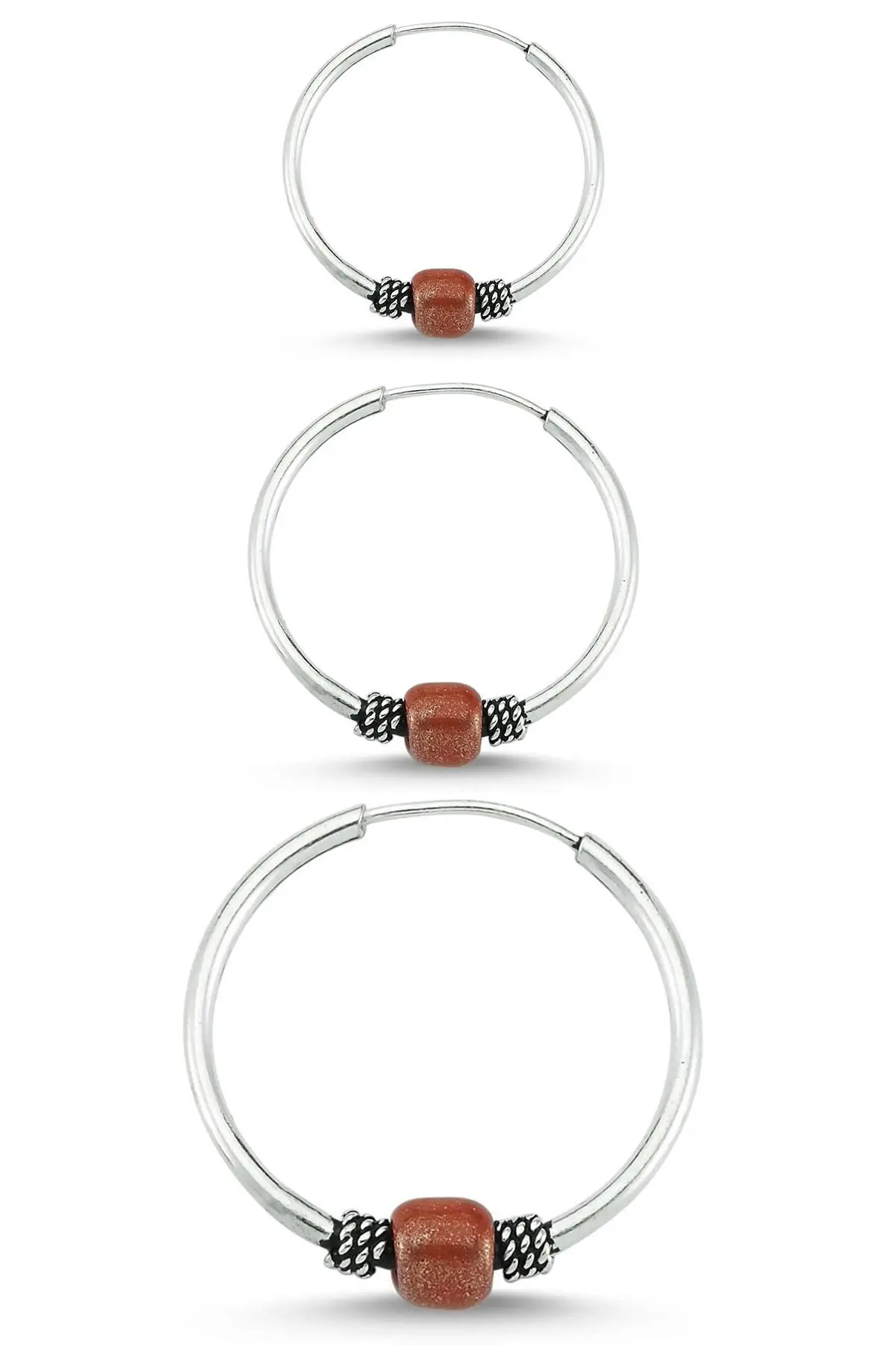 Boncuklu Gümüş Halka Küpe Kombin 10mm + 12mm + 16mm wsk09t - Bordo