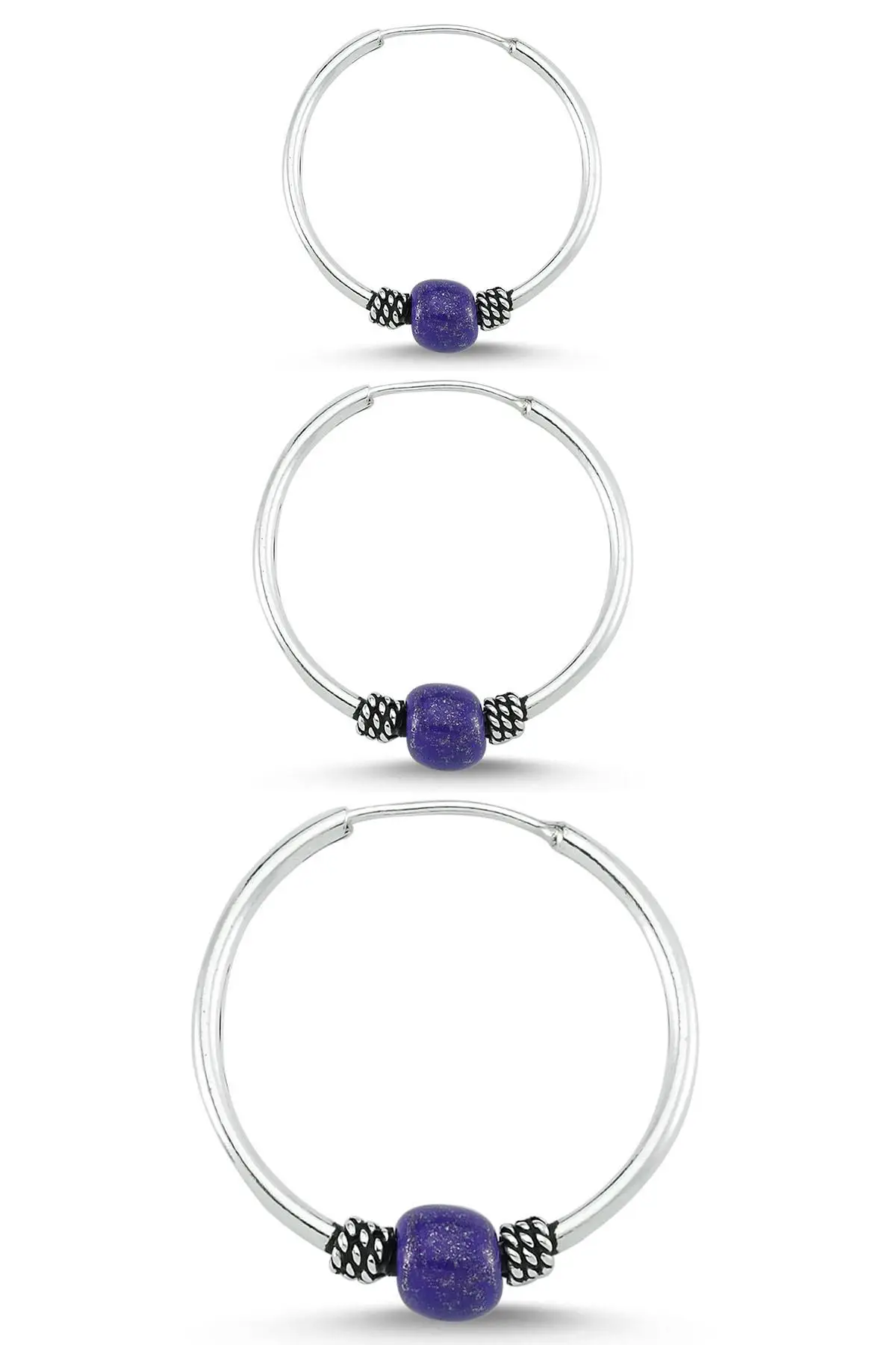 Boncuklu Gümüş Halka Küpe Kombin 10mm + 12mm + 16mm wsk09t - Mor