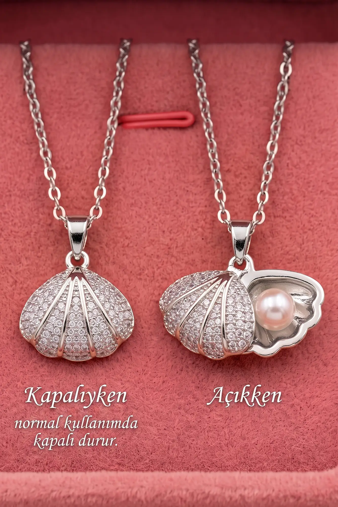 Deniz Kabuğu İnci Detaylı Zirkon Taşlı Paslanmaz Çelik Kolye Altın/Gümüş Renk eck75