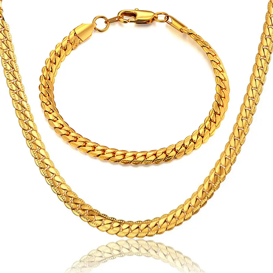Gold Ezme Yassı Yılan Çelik Unisex Kolye ve Bileklik Seti eck37s