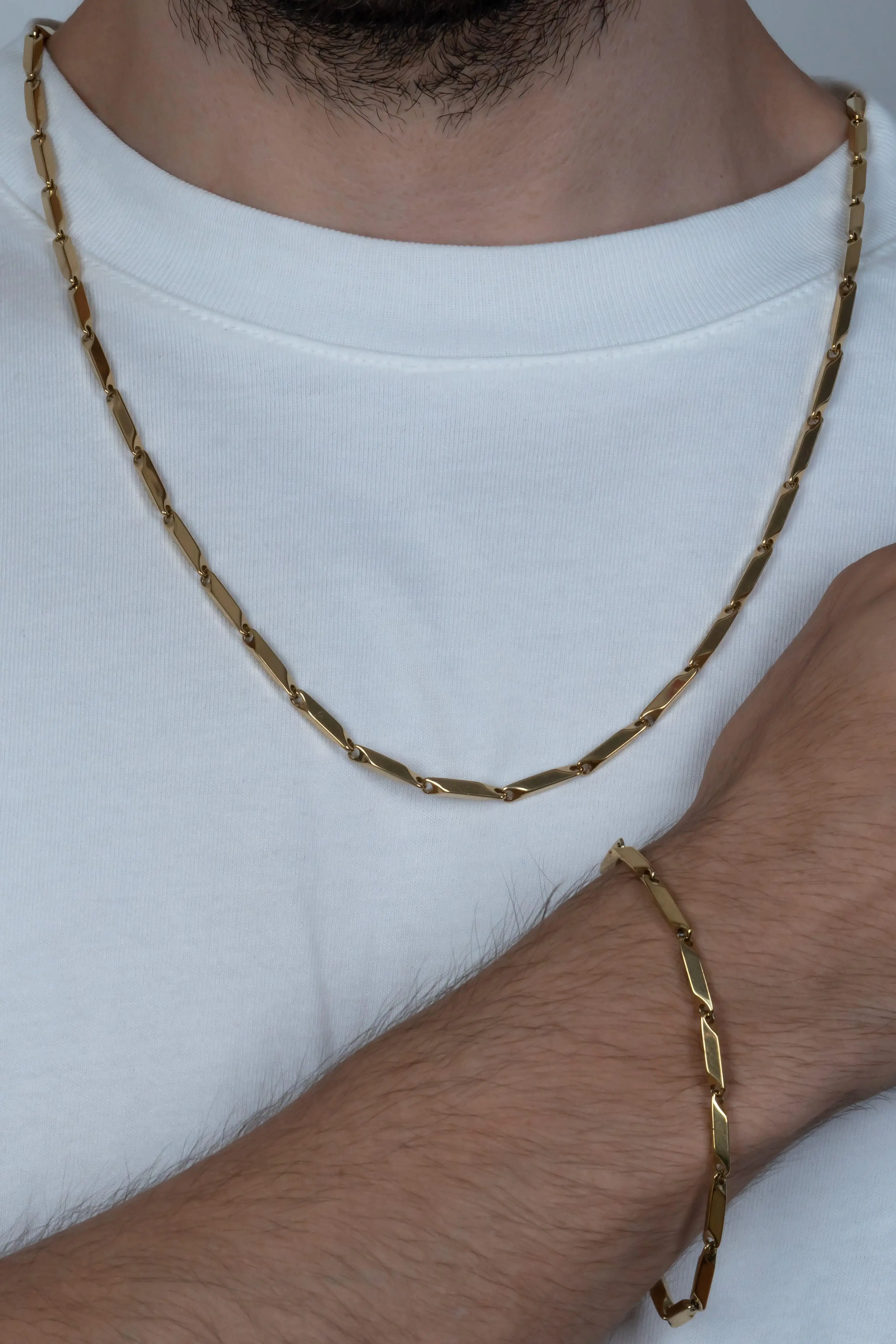 Gold Sarı Renk Kare Küp Unisex Çelik Kolye ve Bileklik Seti eck05s