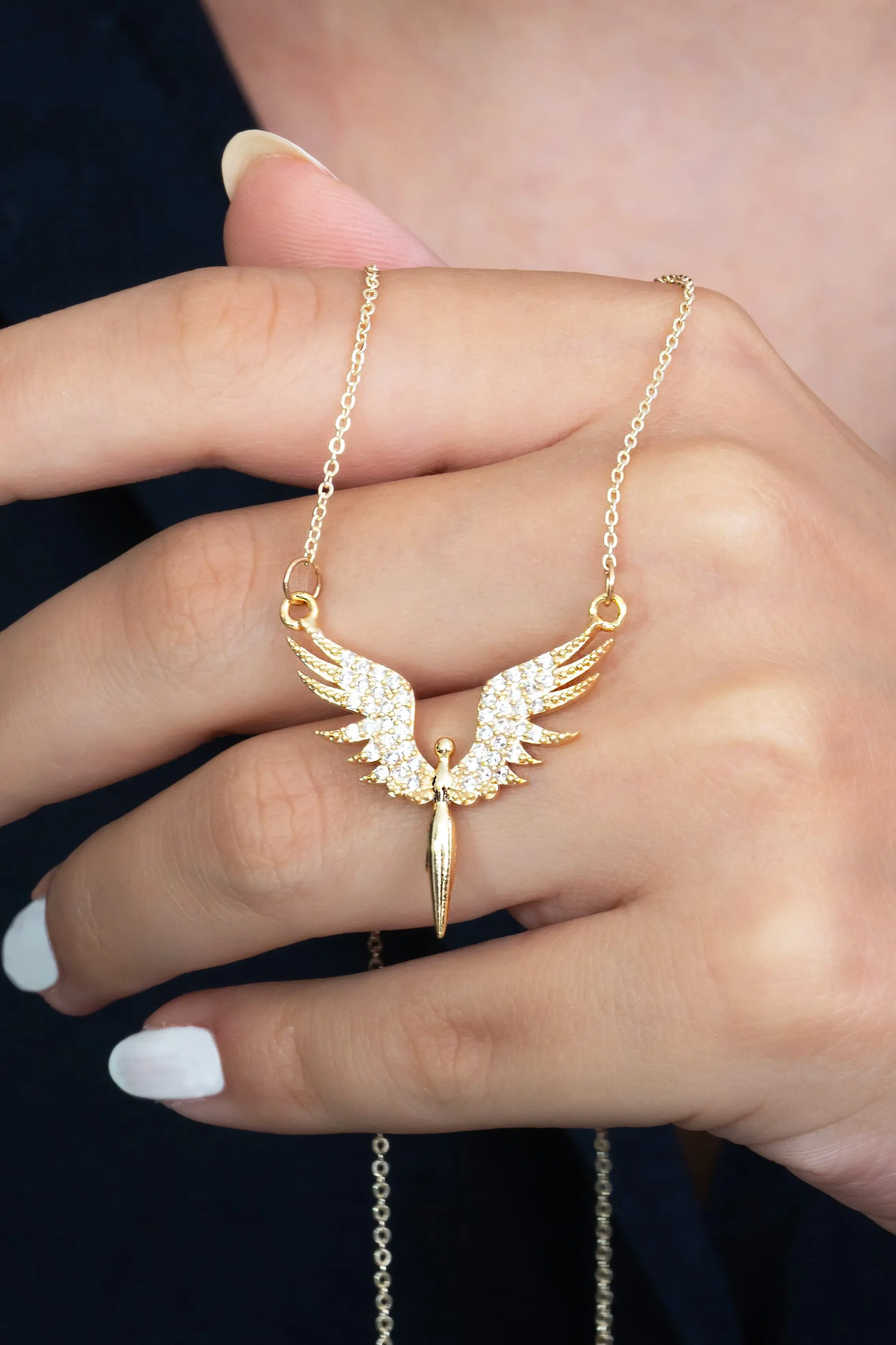 Gold Renk Kaplama Taşlı Sarı Mikail Meleği Kadın Kolye bbk19s