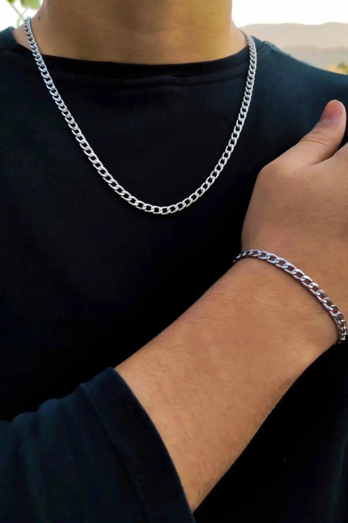 İnce Gurmet Erkek Çelik Zincir Kolye ve Bileklik Set 4mm eck06t - Kolye + Bileklik