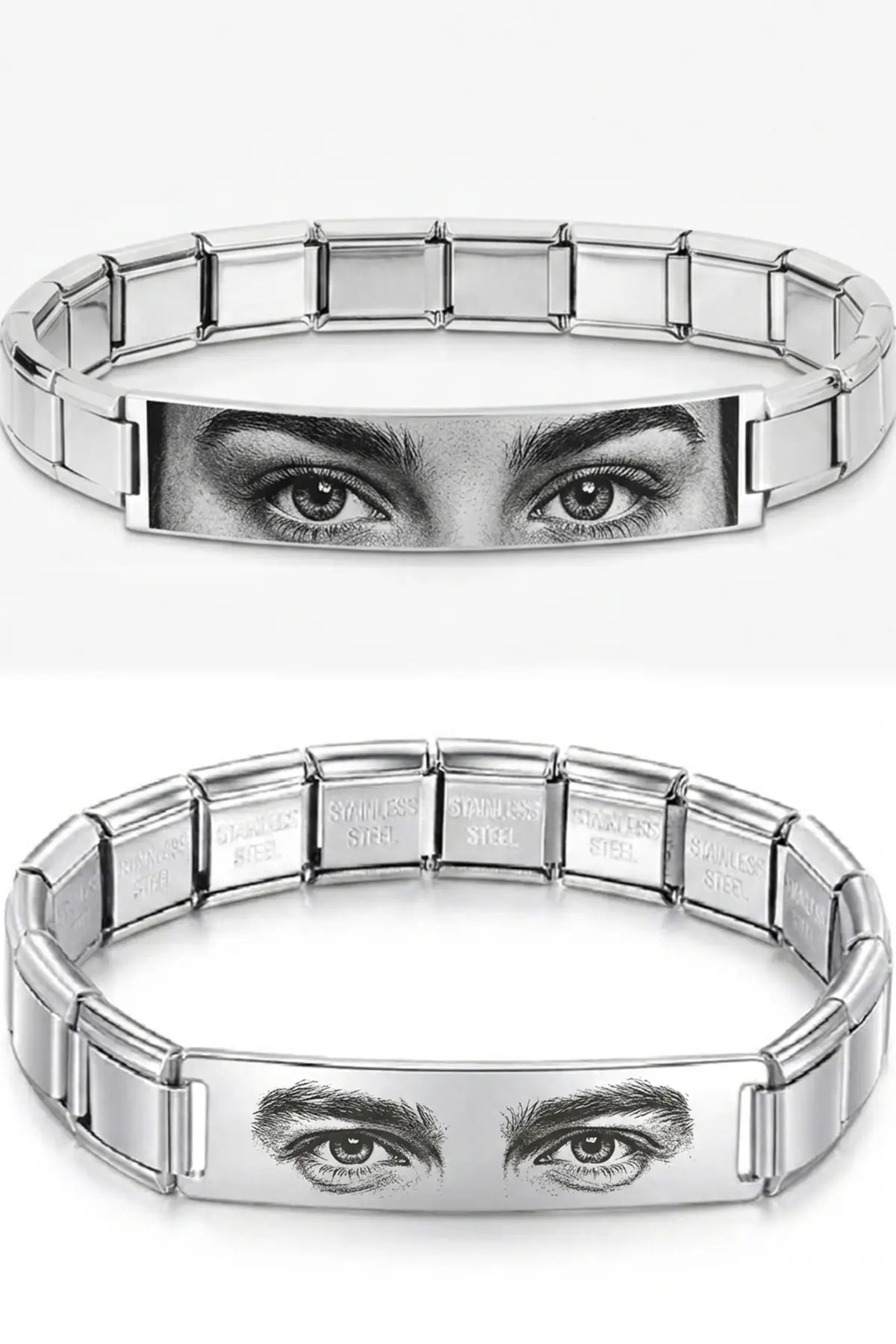 Kişiye Özel Göz Resim Baskılı İtalyan Charm Plakalı Unisex Çelik Bileklik scb93g - Gri
