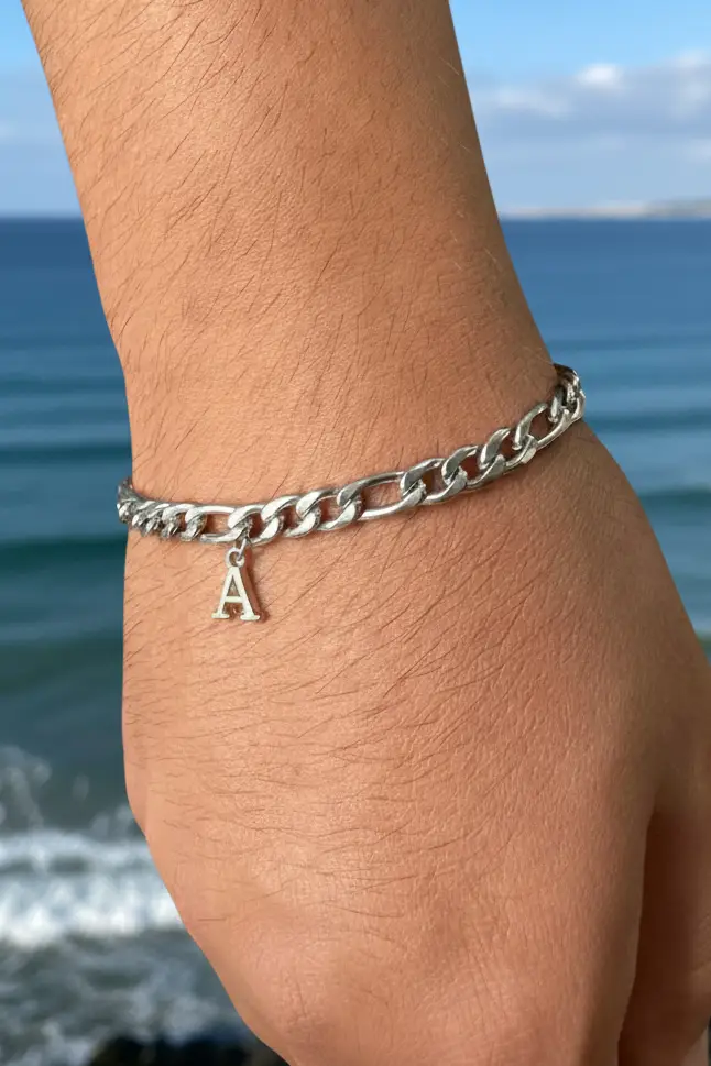Kişiye Özel Harfli Figaro Unisex Çelik Bileklik Sevgiliye Eşe Hediye ack06h