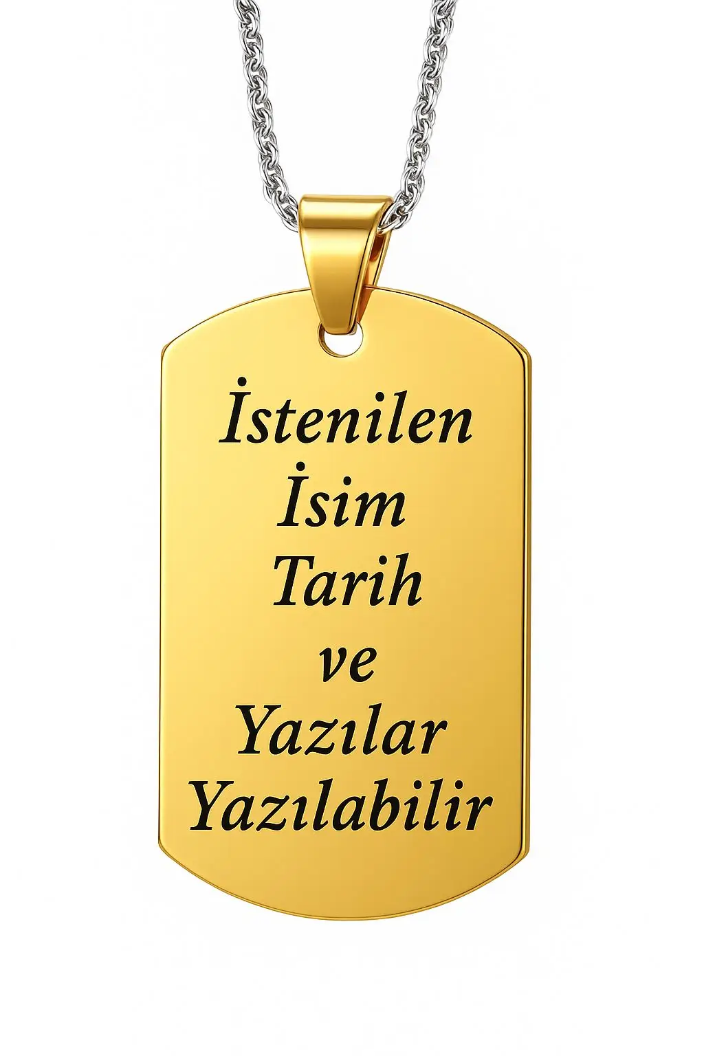 Kişiye Özel İsim Tarih Yazı Yazılı Asker Künyesi Çelik Erkek Bayan Kolye eck60 - Sarı