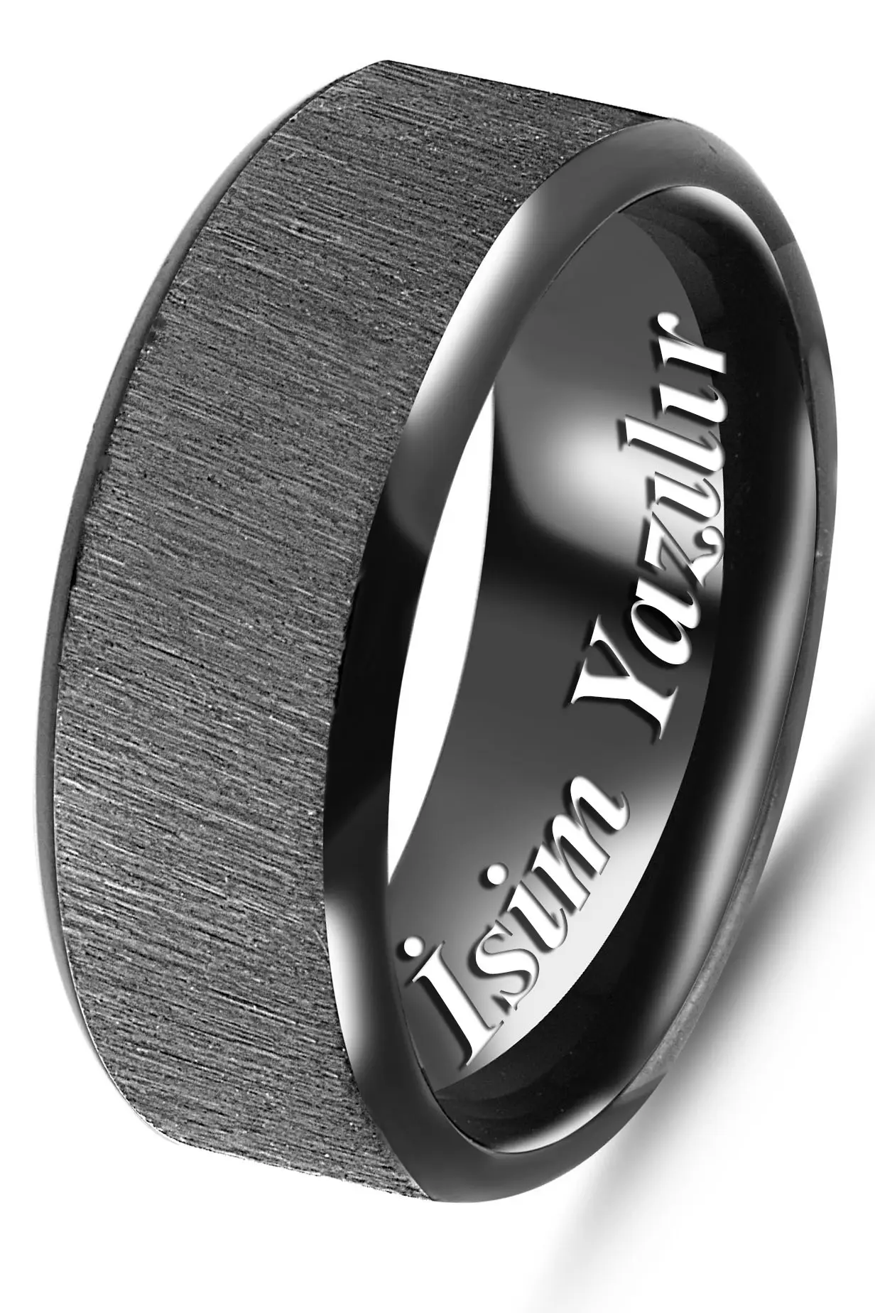 Kişiye Özel İsim Yazılı Köşeli 8mm Mat Fırçalanmış Düz Unisex Çelik Yüzük Alyans cl48y - Siyah