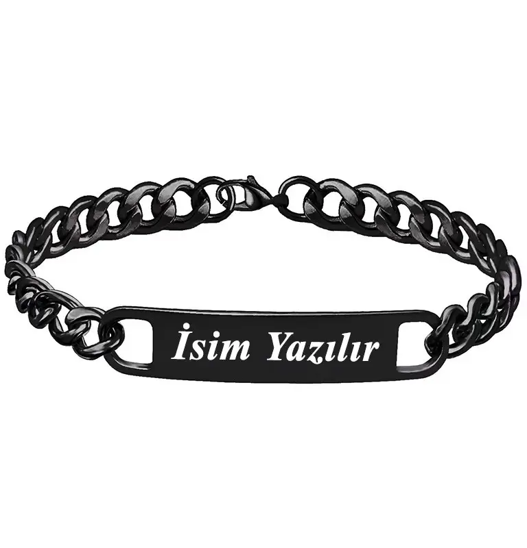 Kişiye Özel İsim Yazılı Siyah Çelik Erkek Bileklik ack06isyh