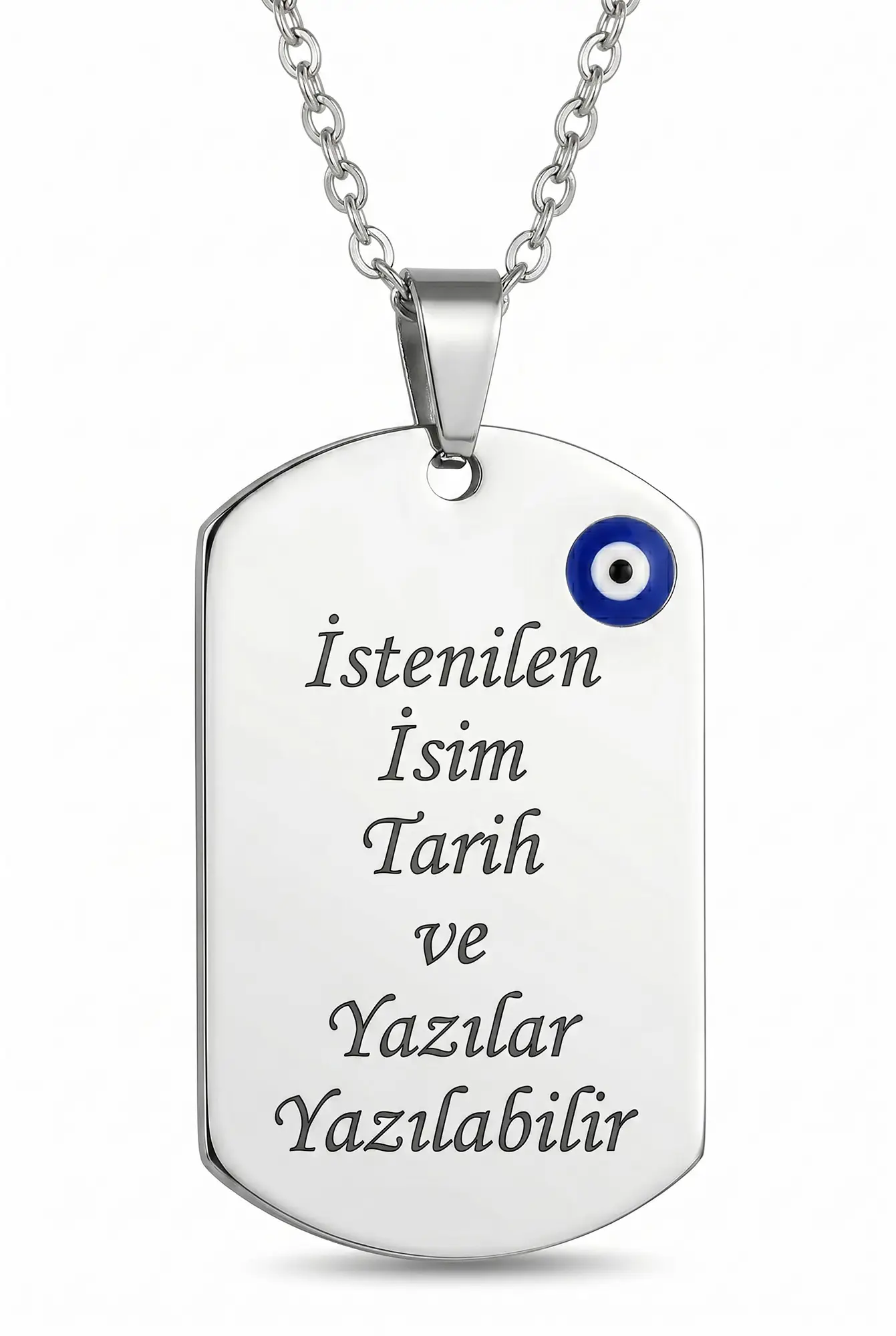 Kişiye Özel Yazı Yazılabilir Nazar Boncuk Detaylı Paslanmaz Çelik Kolye eck65