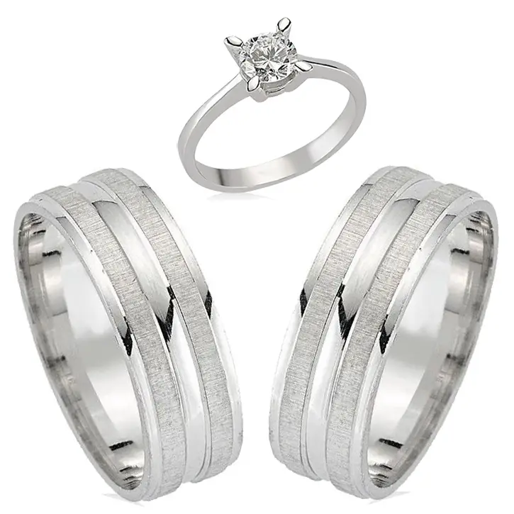 Mat Çizgili Gümüş Alyans Çifti Söz Yüzükleri Tektaş Hediye wr42