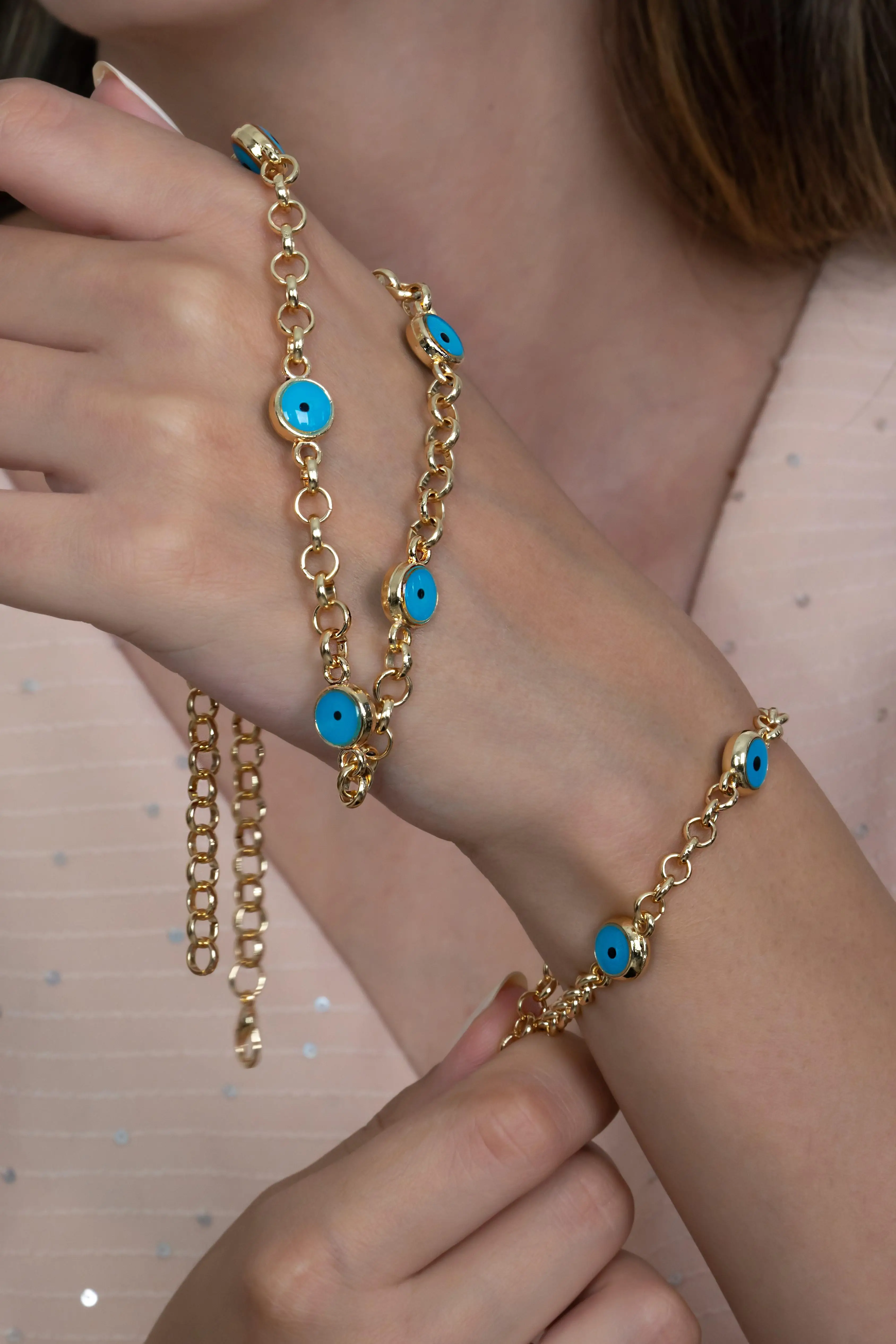Gold Renk Nazar Boncuklu Kadın Kolye ve Bileklik Set Takım bbs10