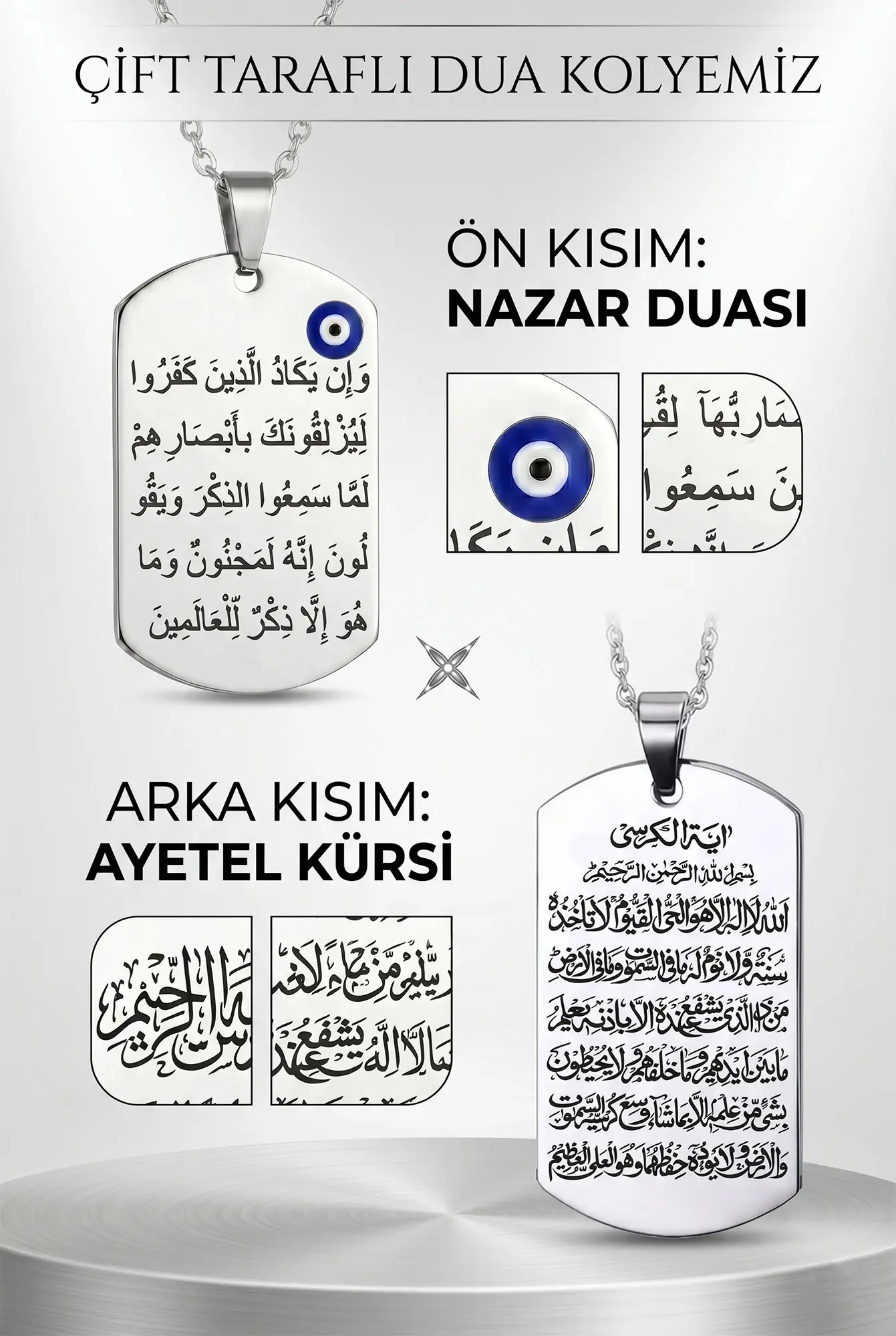 Nazar ve Ayetel Kürsi Dualı Çift Taraflı Paslanmaz Unisex Çelik Kolye Künye eck64