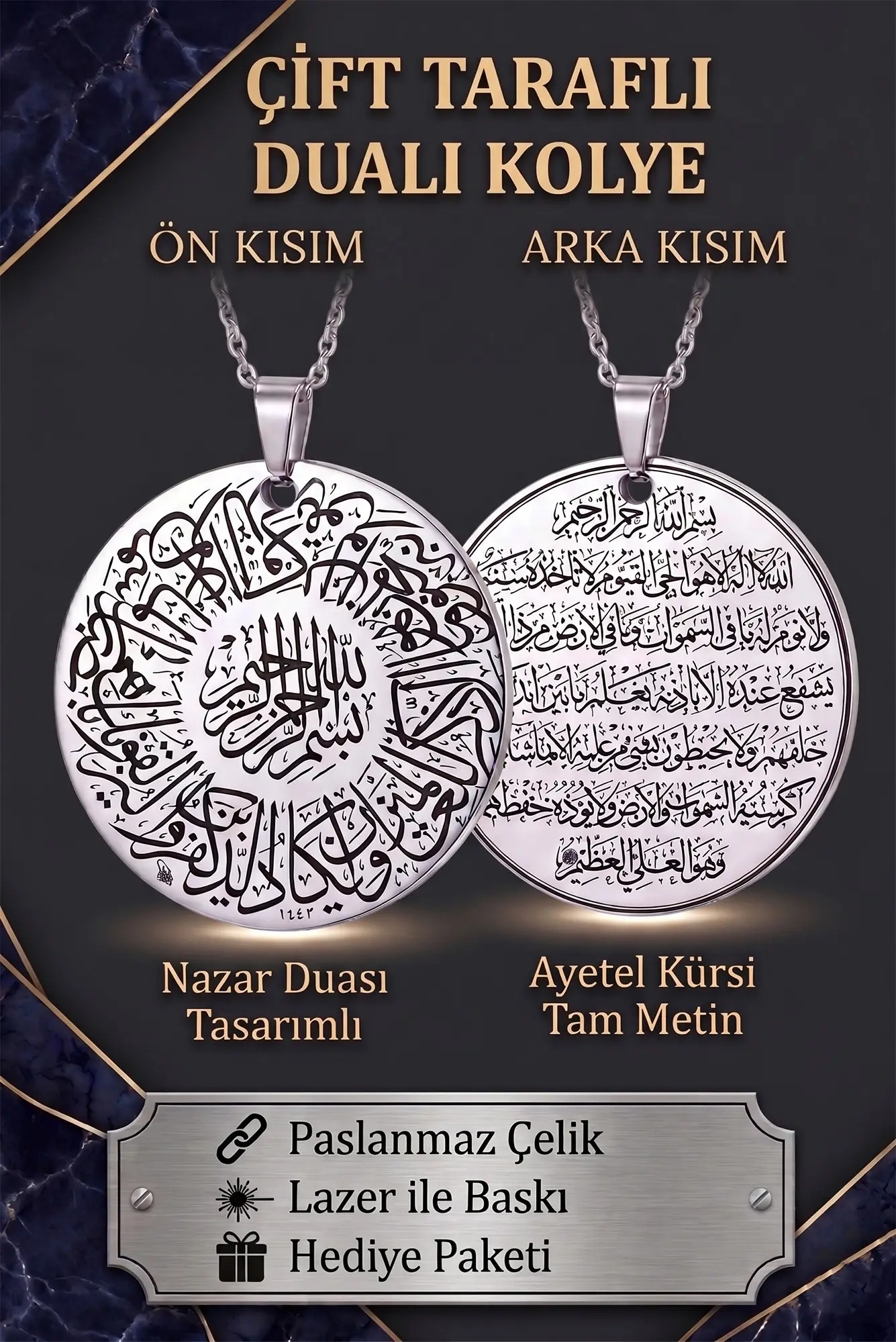Nazar ve Ayetel Kürsi Dualı Yuvarlak Çift Taraflı Paslanmaz Çelik Kolye eck66