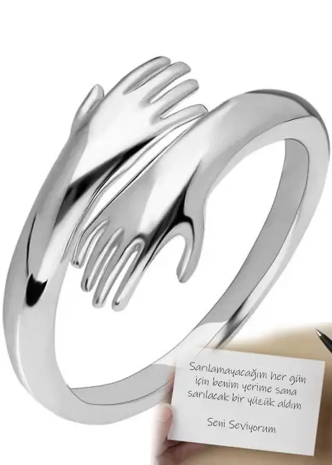 Altın Kalitesinde Sarılan Eller Kadın Yüzük Sevgiliye Hediye bby02 - Beyaz