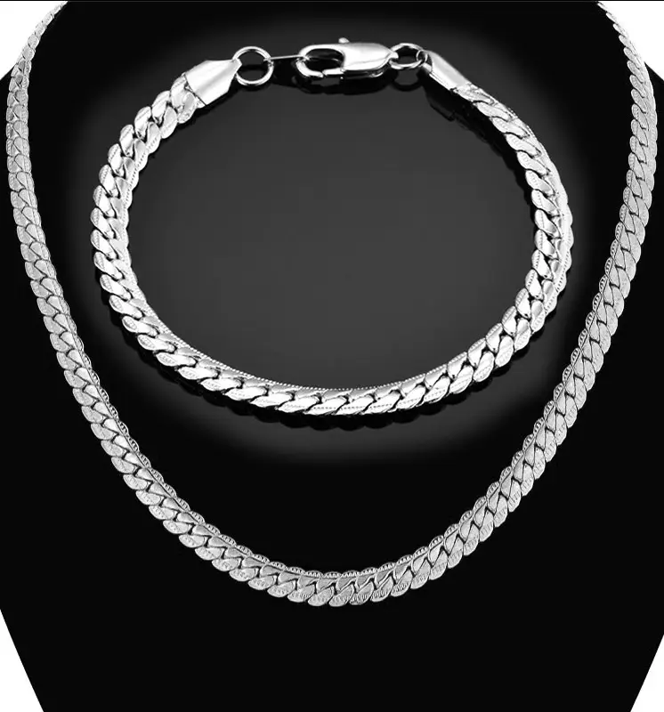 Silver Ezme Yassı Yılan Çelik Unisex Kolye ve Bileklik Seti eck36s