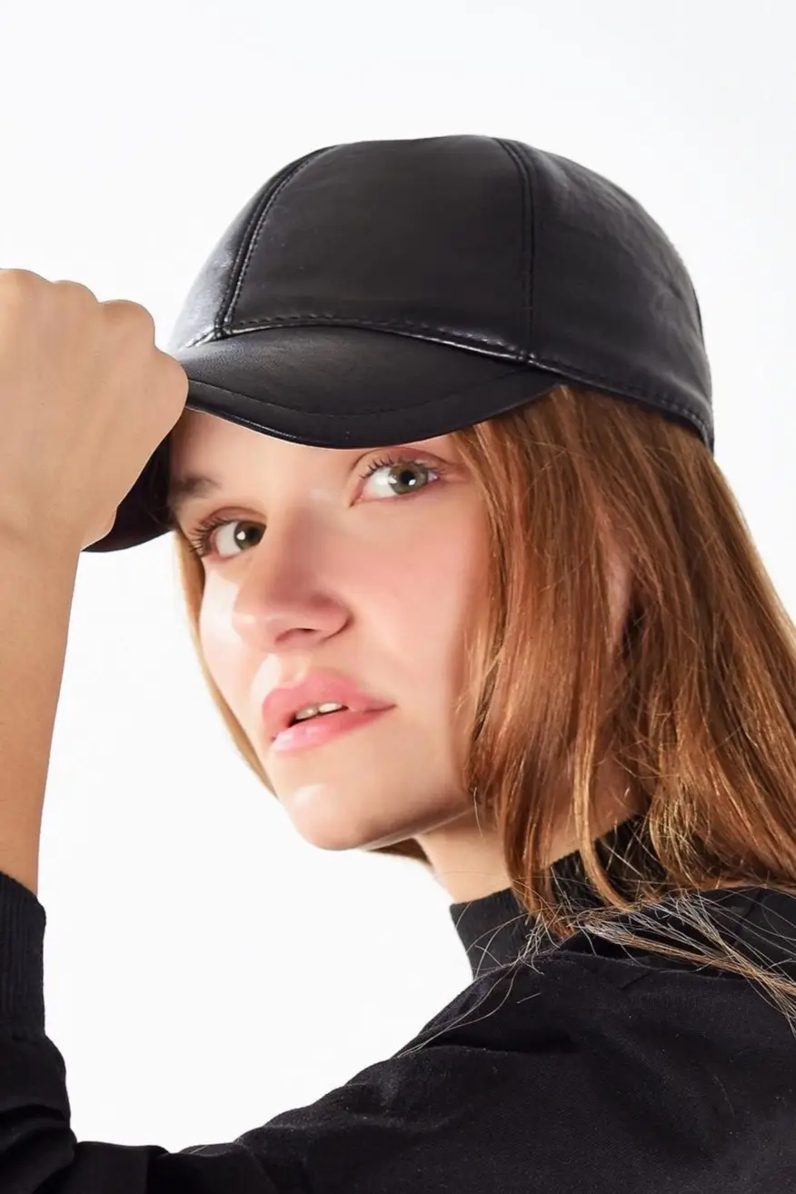 Siyah Deri Beyzbol Cap Erkek Şapka Unisex Model cp228 - Siyah