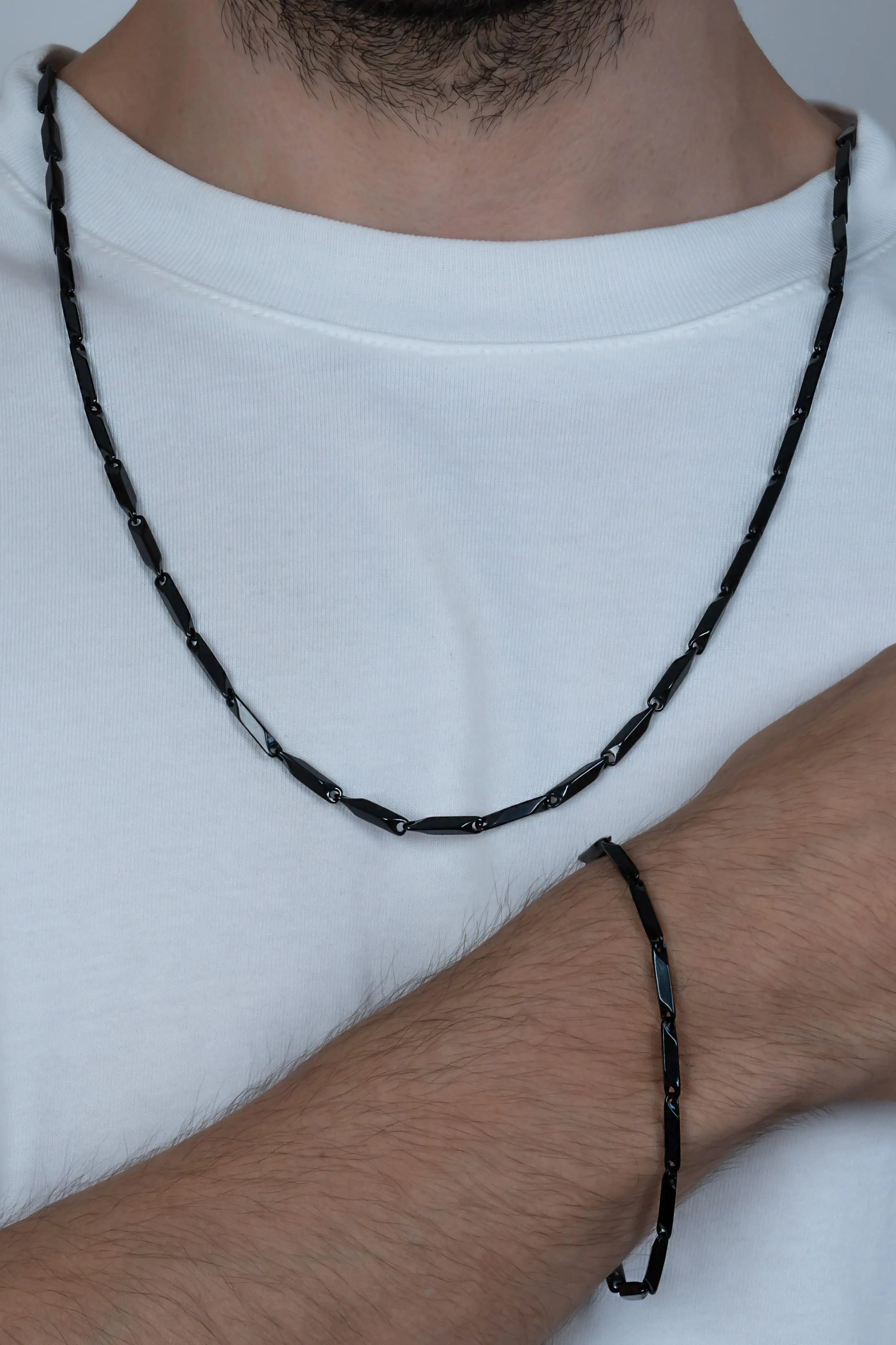 Siyah Renk Kare Küp Model Unisex Çelik Kolye ve Bileklik Seti eck05s