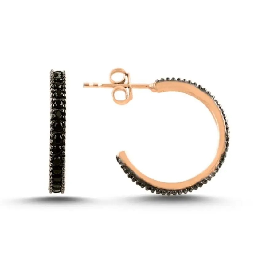Siyah Taşlı Rose Gümüş Halka Küpe Klipsli 16mm wsk05